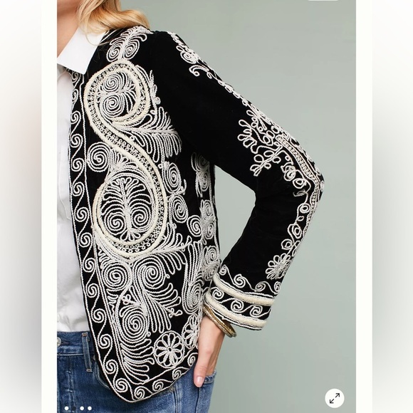 RAGA Winston Velvet Embroidered Jacket Black Ivory Anthropologie Torero‎ Blazer - Picture 4 of 16